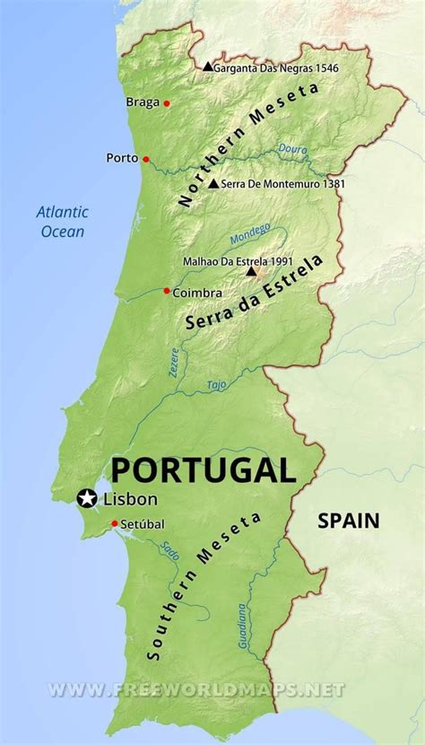 Portugal mountains map - Mountains in Portugal map (Southern Europe - Europe)