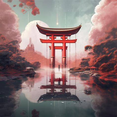 Una Pintura Digital De Una Puerta Torii Roja En Un Lago Foto Premium