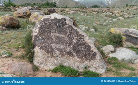 Historical Rock Carvings In Open Air Museum Kyrgyzstan Editorial Photo