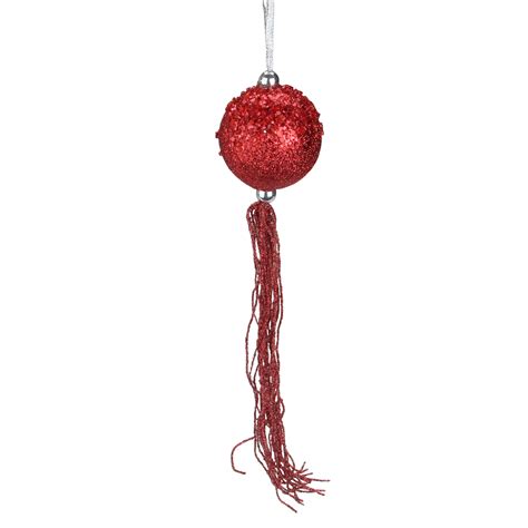 Red Glittered Christmas Ball Ornament with Tassels & Beads 12" (304.8mm ...