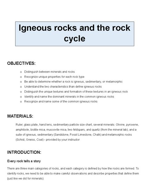 Lab Igneous Rocks And The Rock Cycle Igneous Rocks And The Rock