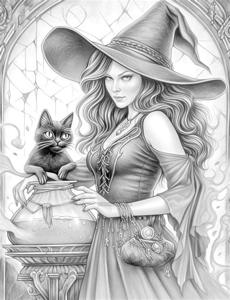 70 Beauty Witches Grayscale Coloring Pages Instant Download Printa