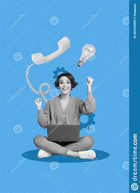 Vertical Collage Image Of Delighted Black White Effect Girl Raise Fists