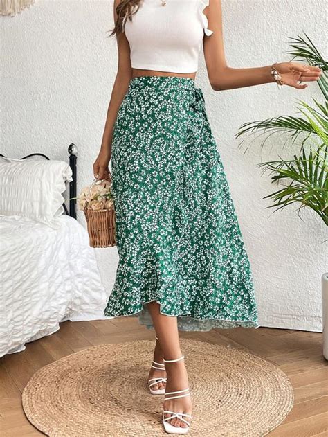 Shein Vcay Ditsy Floral Print Knot Side Wrap Skirt Shein Usa