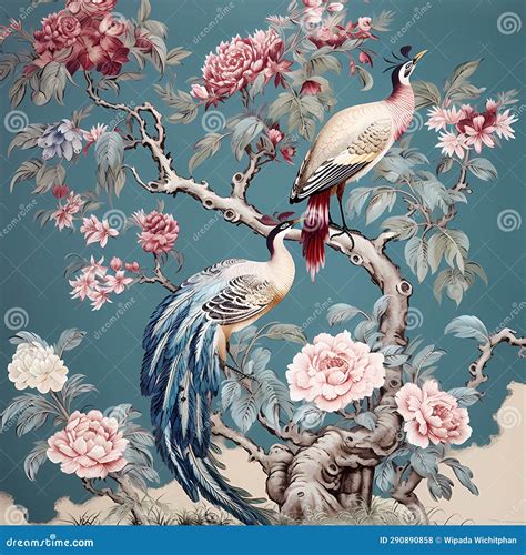 Chinoiserie Bird With Flower In Chinese Painting Style Stock Photo