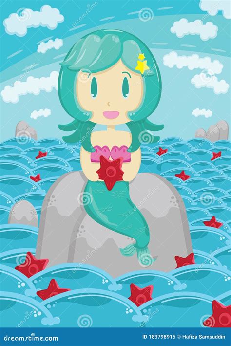 Mermaid Sitting On A Rock Vector Illustration Decorative Background