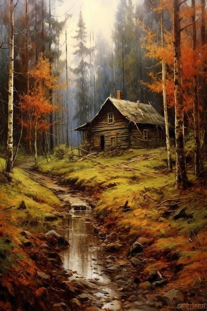 Premium AI Image | A painting of a cabin in the woods