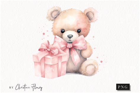 Watercolor Pink Teddy Bear With Gift Png Graphic By Christine Fleury