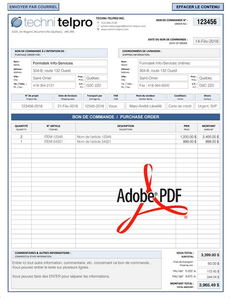 BON DE COMMANDE À UN FOURNISSEUR PDF DYNAMIQUE INTERACTIF
