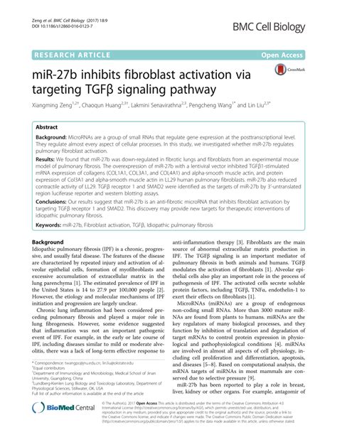 Pdf Mir 27b Inhibits Fibroblast Activation Via Targeting Tgfβ