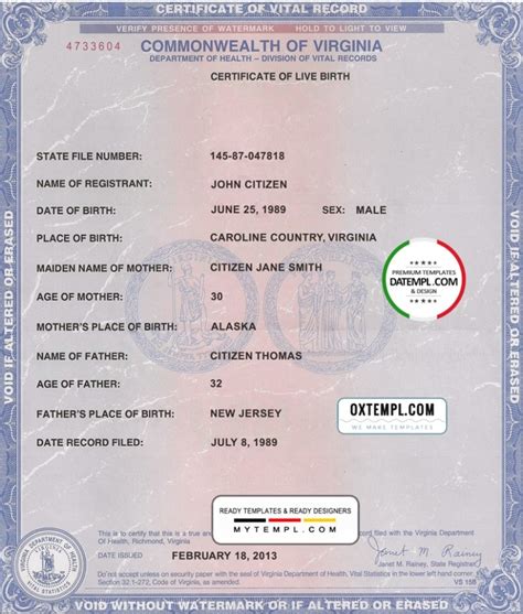 Usa Virginia State Birth Certificate Template In Psd Format Fully