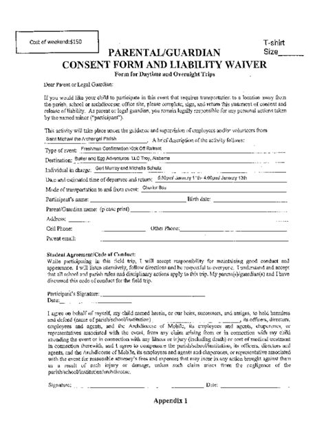 Fillable Online Parental Guardian Consent Form Liability Waiver