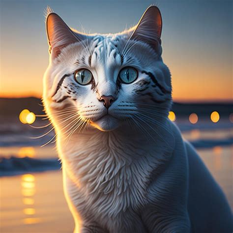 Cierra El Retrato De Un Hermoso Gato En La Playa De La Puesta De Sol