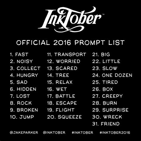 Inktober 2016 Prompt List Drawing Challenge 30 Day Drawing Challenge Inktober