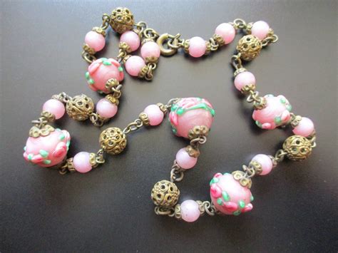 Art Deco Vintage Pink Bohemianvenetian Glass Bead Necklace Etsy Glass Bead Necklace Art