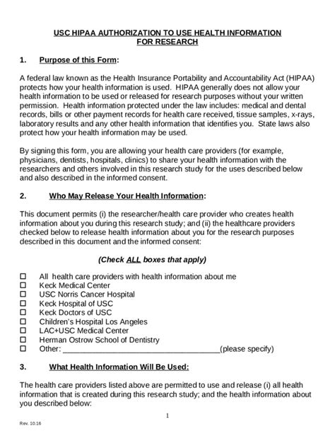 Usc Hipaa Authorization To Use Health Ination For Research Ooc Usc