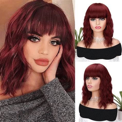 Synthetic Curly Bob Wig Bangs Short Bob Wavy Hair Wigs Wine Temu