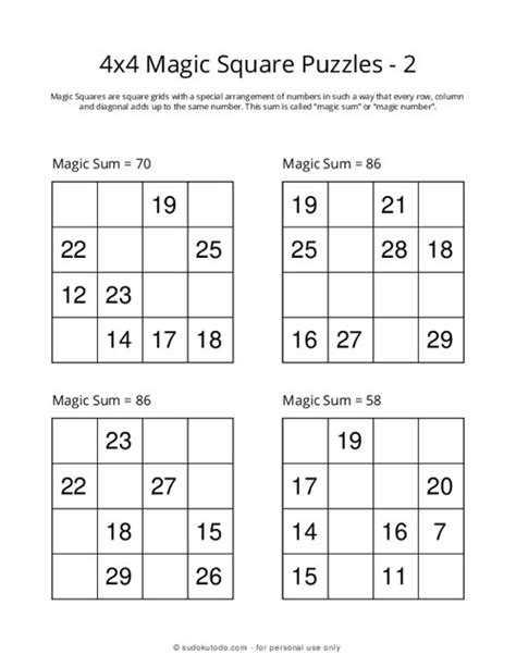 4x4 Magic Square Puzzles Printable