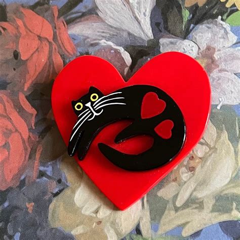 Marie Christine Pavone Broche Chat Coeur Rouge Tincelant Broche Faite