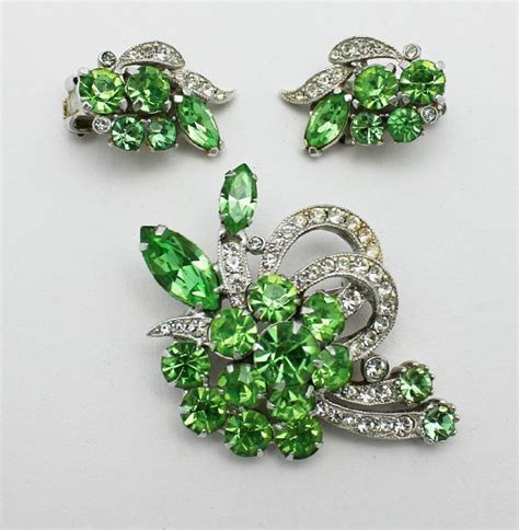 Vintage Eisenberg Ice Brooch Set Green Clear Cij By Heirloombandb