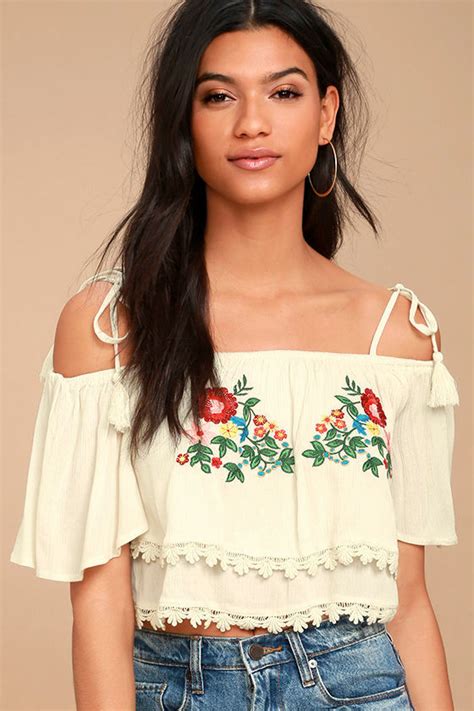 Cute Cream Crop Top Embroidered Crop Top Off The Shoulder Crop Top