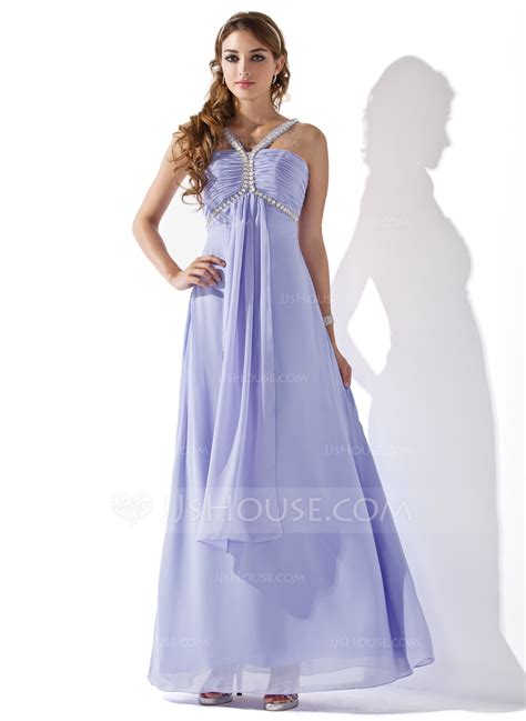 Empire V Neck Floor Length Chiffon Prom Dress With Ruffle Beading