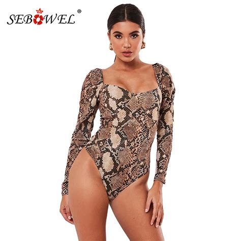 Sebowel Women Bodysuit Snake Print Puff Long Sleeve Bodysuits Sexy