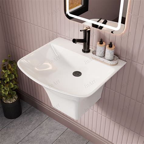 Inart Wall Hung Half Pedestal Ceramic Wash Basin Vessel Sink 48x43 Cm