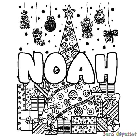 Coloriage prénom NOAH décor Sapin et Cadeaux Sans Dépasser