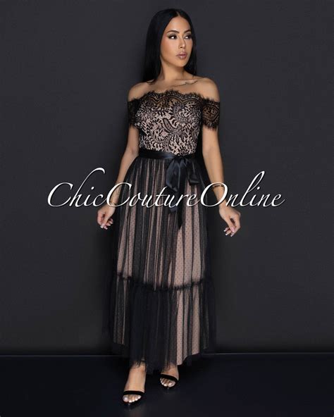 Cosetta Black Lace Nude Illusion Ribbon Midi Dress Chic Couture Online