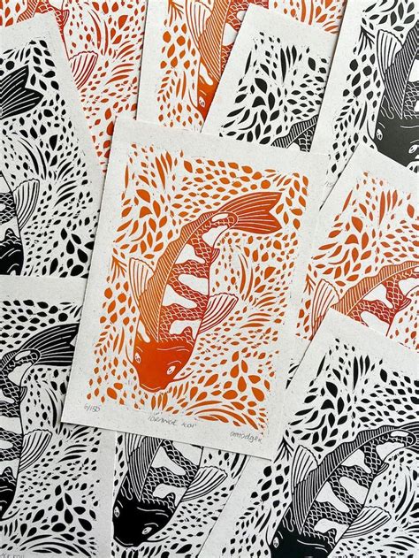 A Koi Fish Linocut Print Ocean Home Decor Orange Black Etsy