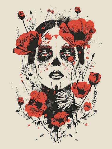 Premium Vector Sugar Skull Woman With Poppies Hand Drawn Vector