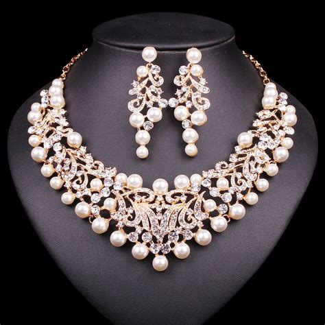 Gold Color Imitation Pearl Wedding Necklace Earrings Sets African Bead Bridal Jewelry Sets Party ...