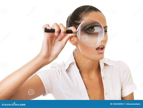 Femme D Affaires Avec La Loupe Sur L Oeil Photo Stock Image Du Brun