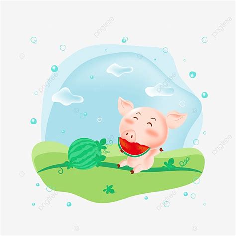 Kids Eating Watermelon Vector Art PNG, Hand Painted Xiaoshu Cartoon Pig ...