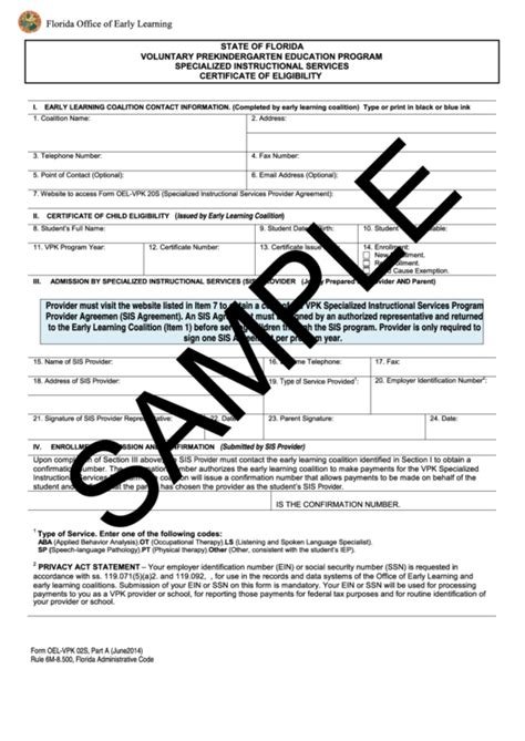 Fillable Form Oel Vpk S Part A Certificate Of Eligibility