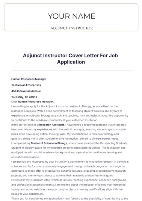 Free Adjunct Instructor Cover Letter For Job Application Template