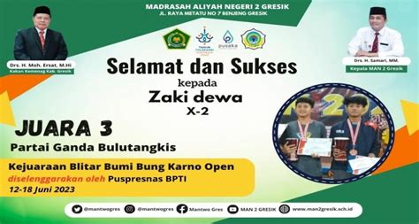 Zaki Dewa Siswa MAN 2 Gresik Raih Juara 3 Ganda Putra Di Kejuaraan