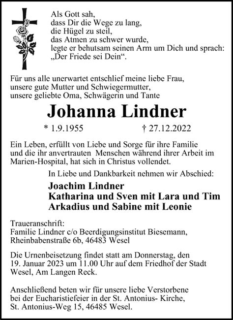 Traueranzeigen Von Johanna Lindner Trauer In NRW De