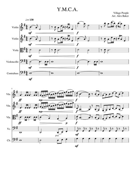 Ymca Sheet Music For Contrabass Violin Viola Cello String Quintet