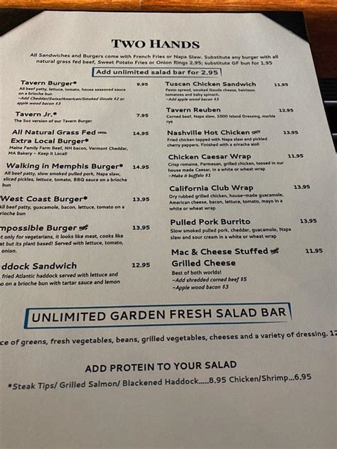 Menu At The Miller S Tavern Restaurant Methuen