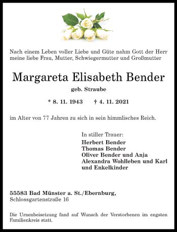 Traueranzeigen Von Margareta Elisabeth Bender Rz Trauer De