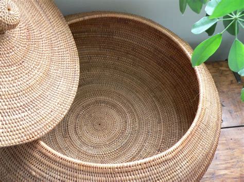 Large Vintage Round Woven Basket With Lid Boho Decor Stylish Storage Beach House Decor