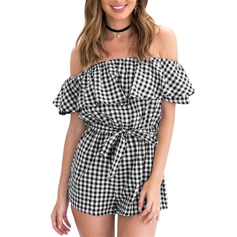 2018 Off The Shoulder Plaid Jumpsuits For Women Summer Female Playsuit