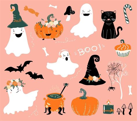 Halloween Set Cute Ghosts Pumpkins Bats Black Cat Bones And