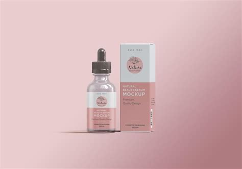 Premium Psd Beauty Skin Serum Packaging Mockup With Bottle Label Design