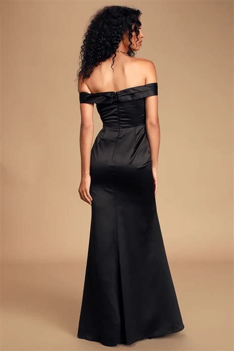 Adored Forever Black Satin Off The Shoulder Maxi Dress Maxi Dress