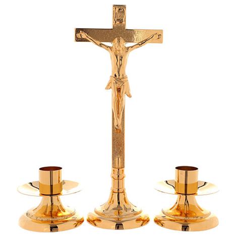 Completo Da Altare Croce E Candelieri Ottone Dorato 24k Decoro Alla