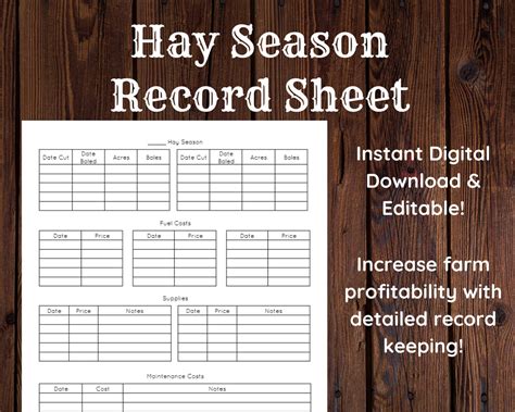 Hay Season Record Sheet Instant Digital Download Editable Farm