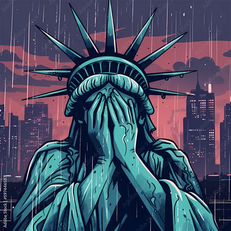 Tears of Liberty , cartoon illustration of Statue of liberty crying with her hands covering her ...